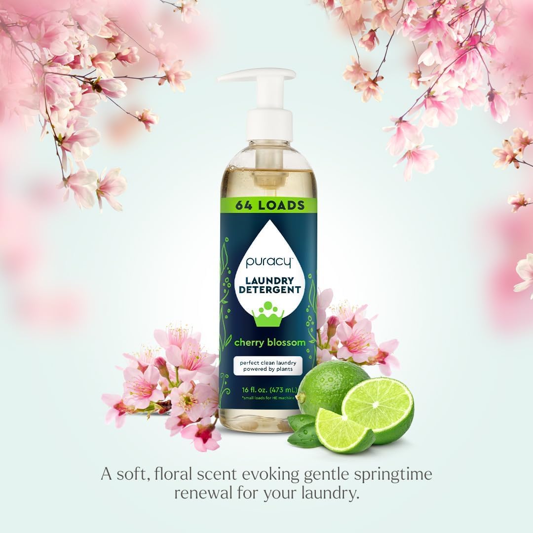 Puracy Laundry Detergent - Enzyme-Powered Liquid Laundry Detergent Concentrate, Natural LaundryDetergent Seen on TikTok, Non-Toxic (Cherry Blossom, 16 fl oz, 64 Loads)