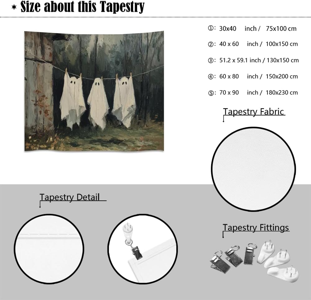 Vintage Halloween Tapestry Funny Ghosts on Clothesline Tapestry Wall Hanging Farmhouse Gothic Room Decor Spooky Ghost Prints for Dark Academia Halloween Party House Decoration Tapestries 50x60inch