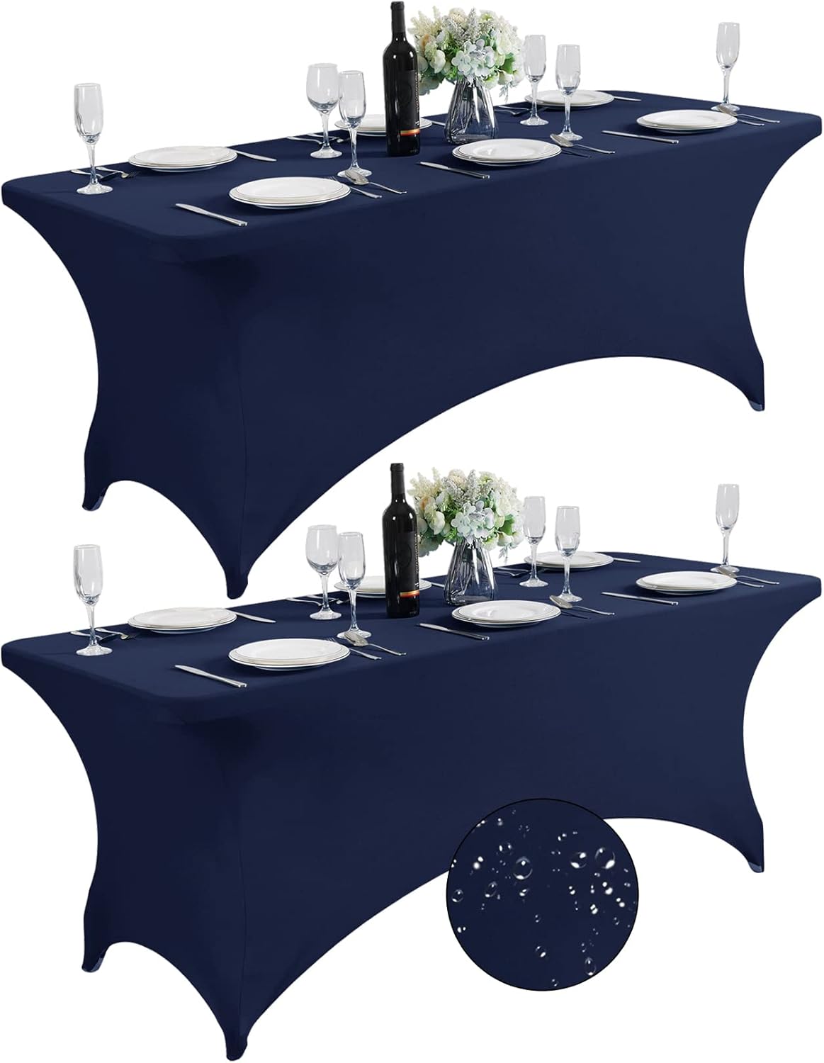 SuperO 2Pack Waterproof Spandex Table Cover for 6FT Table Universal Fitted Stretch Tablecloth for Party, Banquet, Wedding and Events-Navy