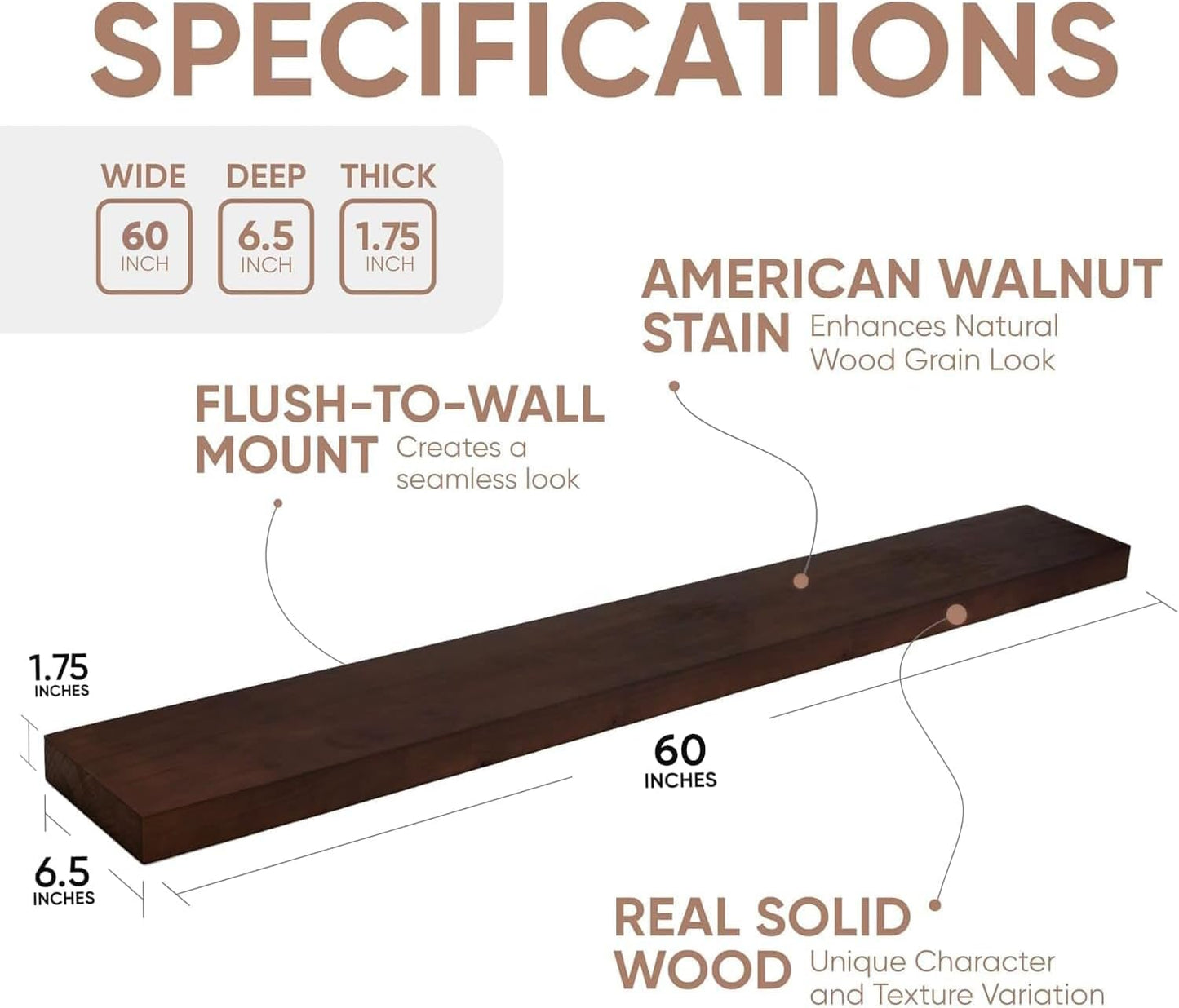 Homeforia Walnut 60 inch Floating Shelf, High End Solid Real Wood 60inch Long Floating Shelf for Wall, Dark Brown Wooden 60in Large Floating Shelves, Heavy Duty Bracket, 60 X 6.5 X 1.75 inch, Set of 2