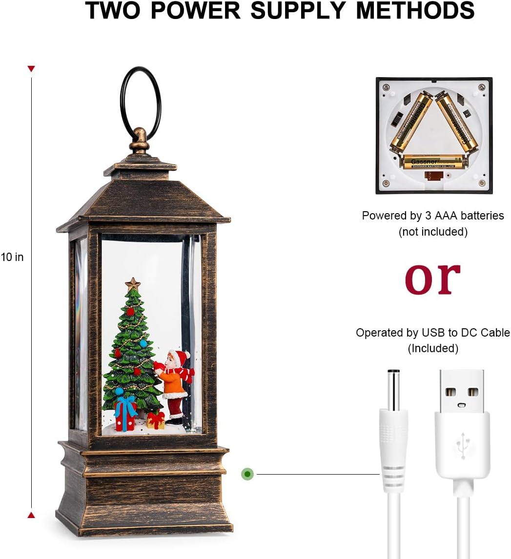 Christmas Snow Globe Lantern Water Glittering Christmas Tree Gifts with Music & Timer, USB Lined/Battery Operated Lighted Lantern for Christmas Festival Decorations
