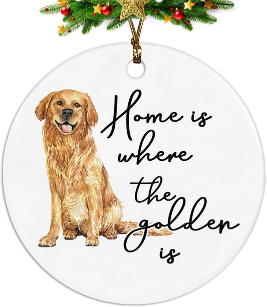 Golden Retriever Decor Gifts Ornament, Home is Where The Golden is Ceramic Christmas Ornament Keepsake Sign Plaque