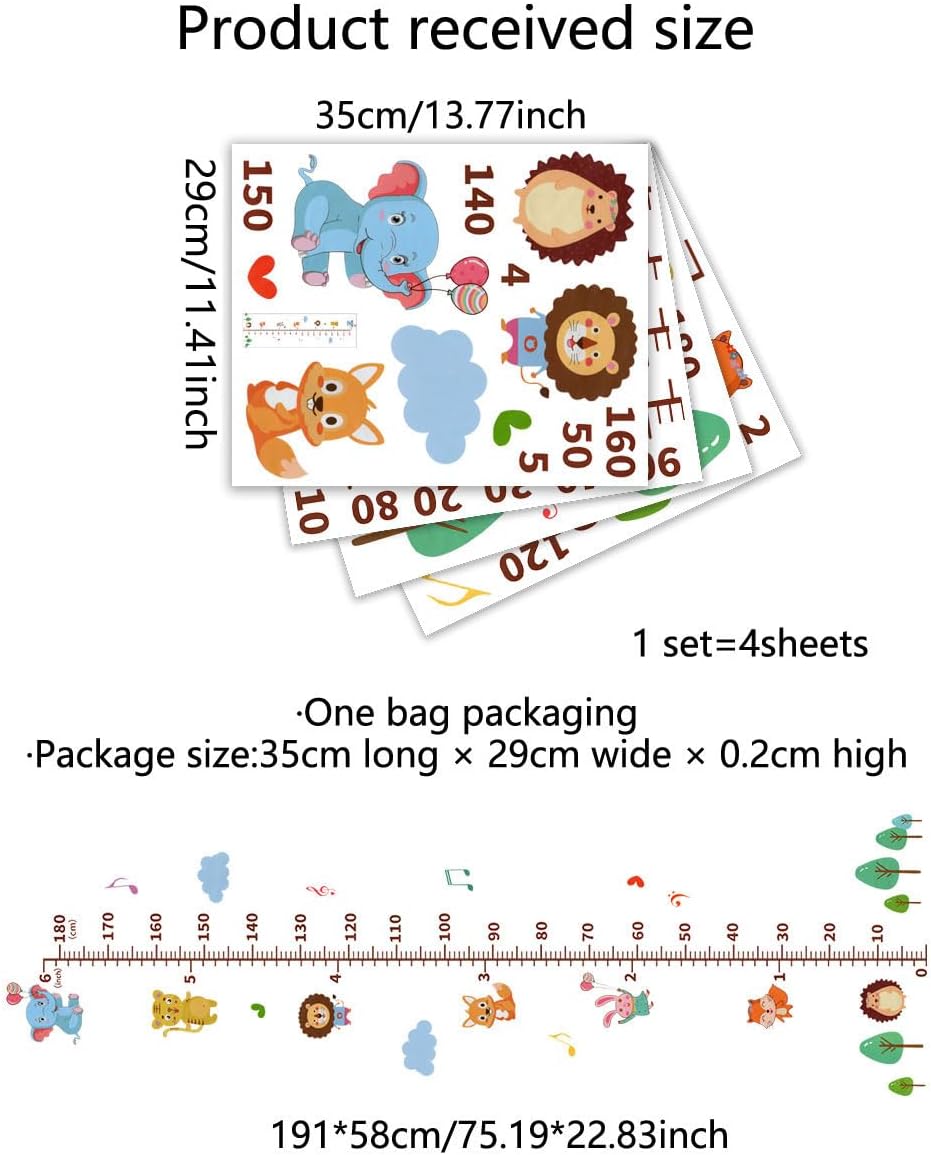 Cartoon Animals Self-adheve Vinyl Nursery Wall Decal Baby Growth Chart Sticker for Bedroom Play Room