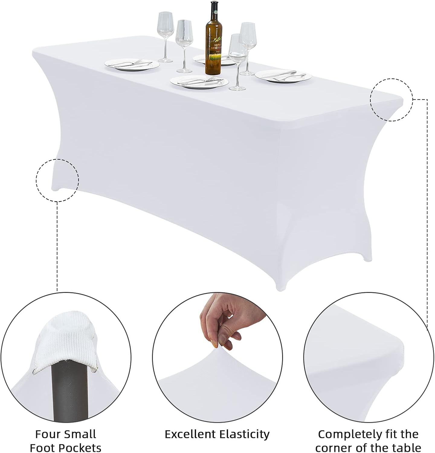 CWK 8FT Waterproof Stretch Spandex Table Cover for Rectangular Tables - Elastic Fitted Tablecloth for Folding Tables,Wrinkle Resistant Table Cloth for Parties, Weddings, Banquets & Events (White)