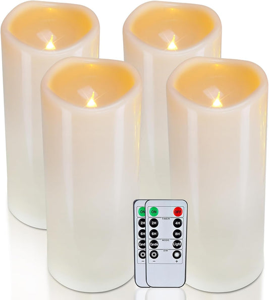 Homemory 4" x 10" Large Waterproof Outdoor Flameless Candles, Battery Operated LED Pillar Candles with Remote and Timers for Indoor Outdoor Lanterns, Long Lasting, Dark Ivory, Set of 4