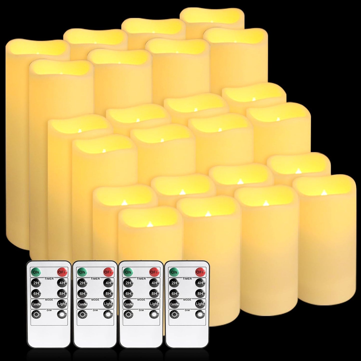 Set of 24 Waterproof Outdoor Flameless Candles,Realistic LED Candles with 4 Remote and Timer,(H 4" 5" 6" x D 2.2"),for Halloween Wedding Festival Decor.