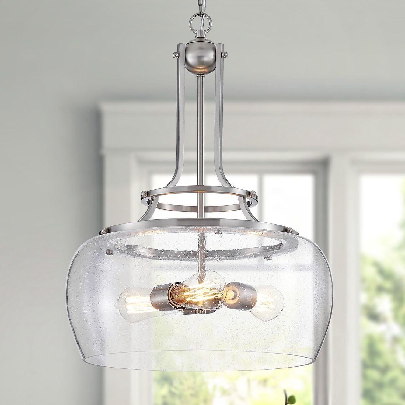WUZUPS Chandelier Rustic Farmhouse Industrial Round Ceiling Pendant LED Light Fixture Clear Seeded Glass Shade for Dining Room Kitchen Island Foyer Entryway, H 20.9" x W 15.9", Brushed Nickel