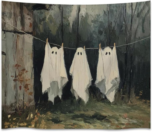 Vintage Halloween Tapestry Funny Ghosts on Clothesline Tapestry Wall Hanging Farmhouse Gothic Room Decor Spooky Ghost Prints for Dark Academia Halloween Party House Decoration Tapestries 40x60inch
