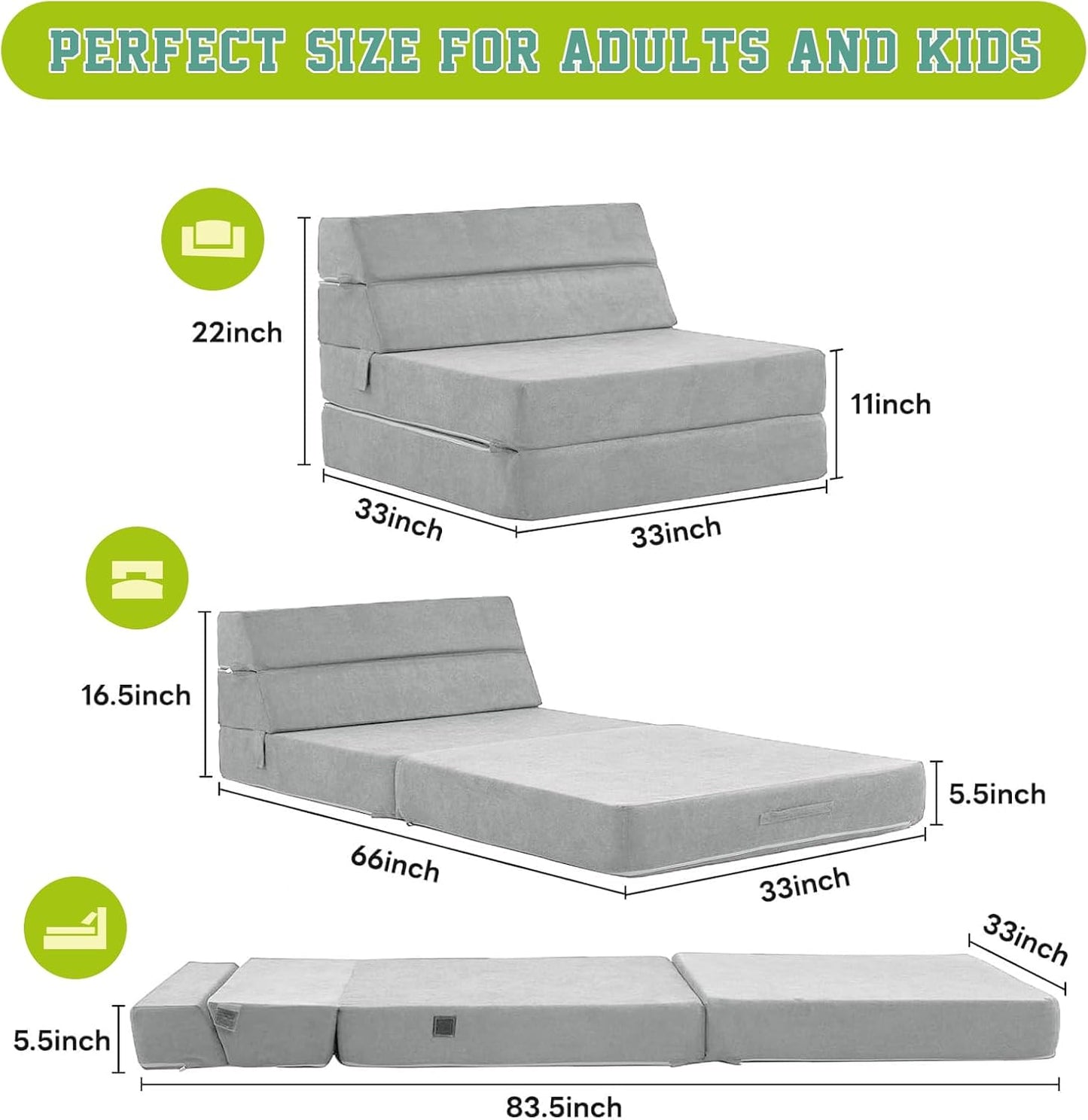 jela Foldable Sofa Bed Soft Foam Convertible Sleeper Chair Luxury Miss Fabric Fold Out Chair Bed Floor Couch with Back Support Floor Sofa for Living Room Bedroom (83"x33",Light Grey)