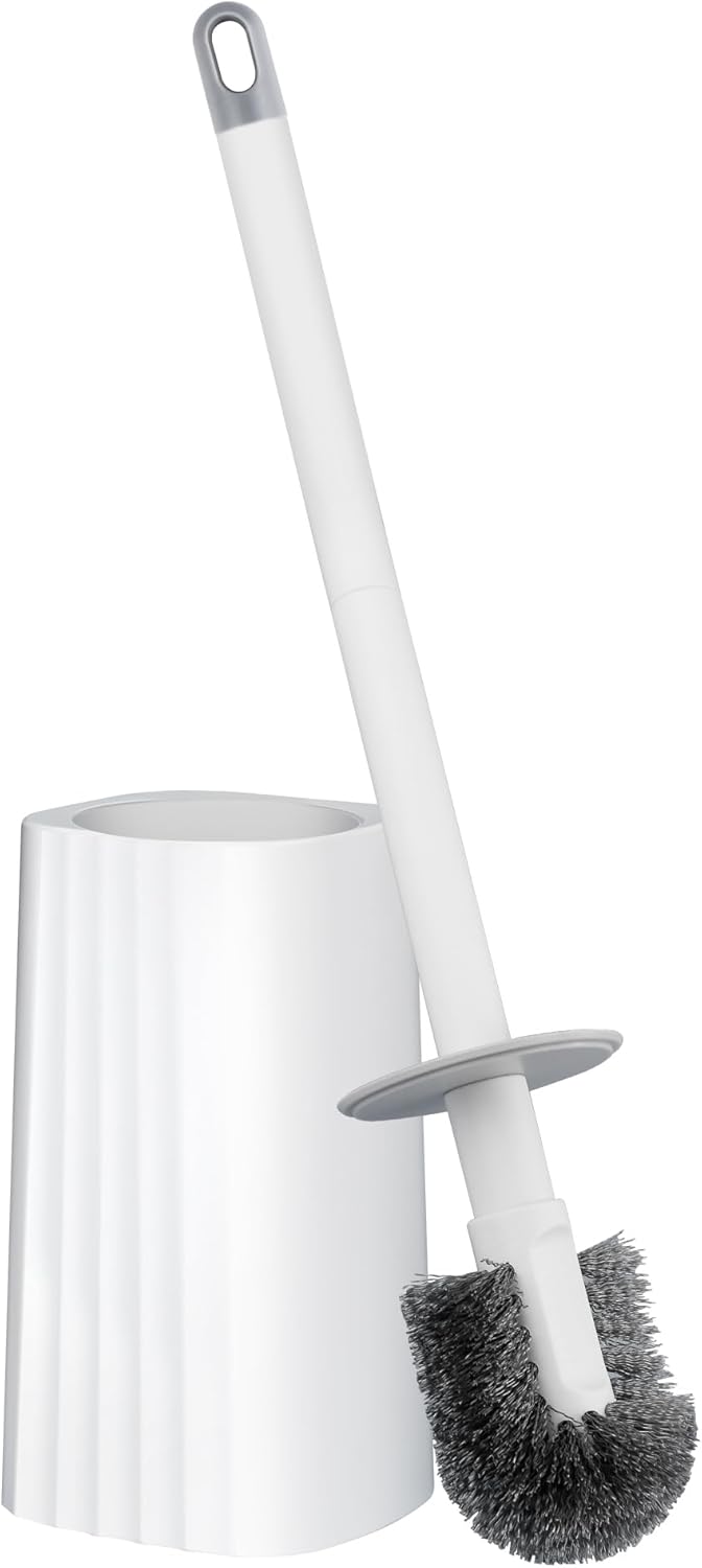Toilet Brush & Holder Set, Lightweight Plastic Handle, Space Saving for Storage, Deep Cleaning, Drip-Proof, Easy to Assemble, Nylon Bristles, White & Grey
