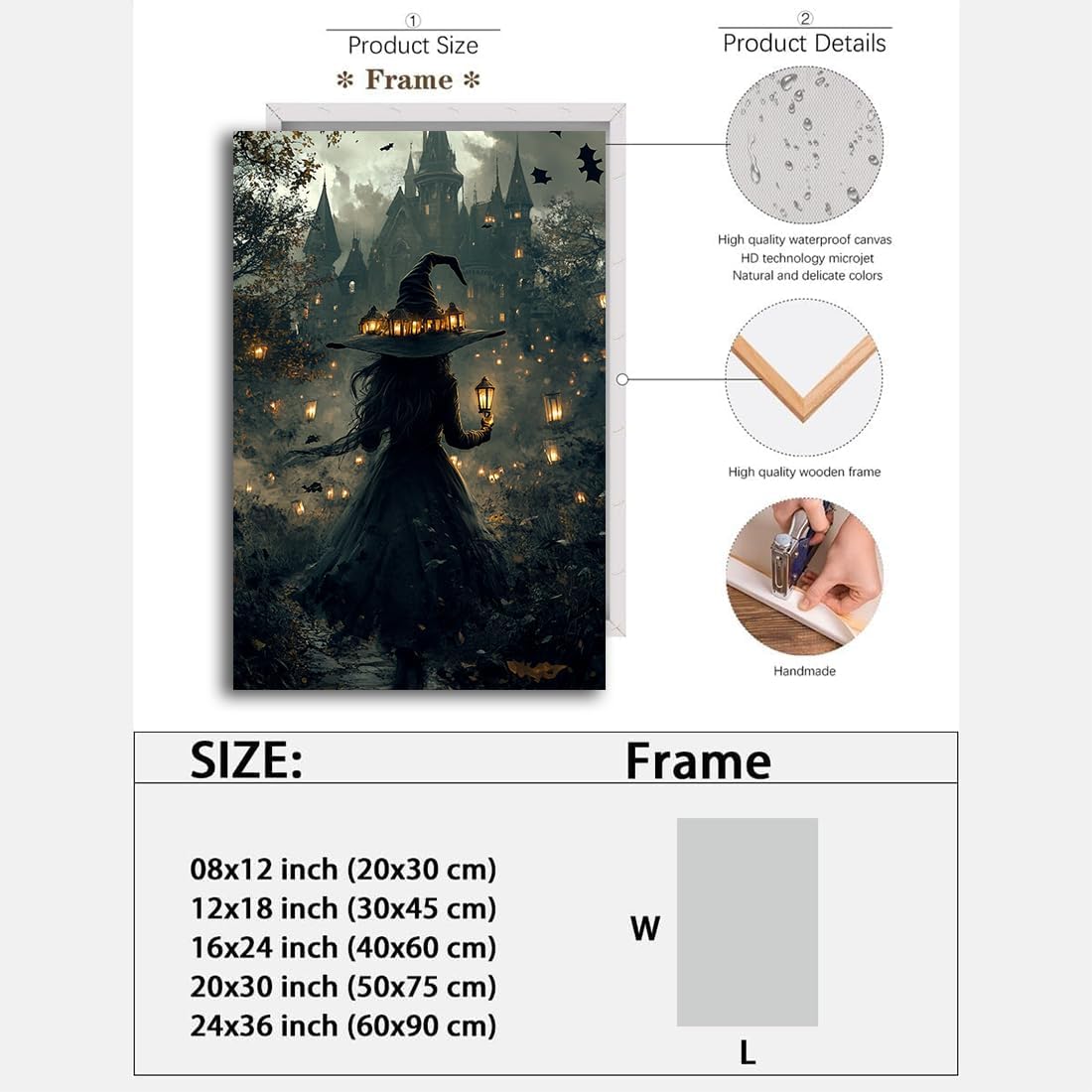 Halloween Witch and Haunted House Canvas Wall Art,Dark Academia Scary Witch Castle Posters Prints,Thriller Horror Gothic Wall Decor Pictures for Halloween Party House Decoration,24"x36" Framed