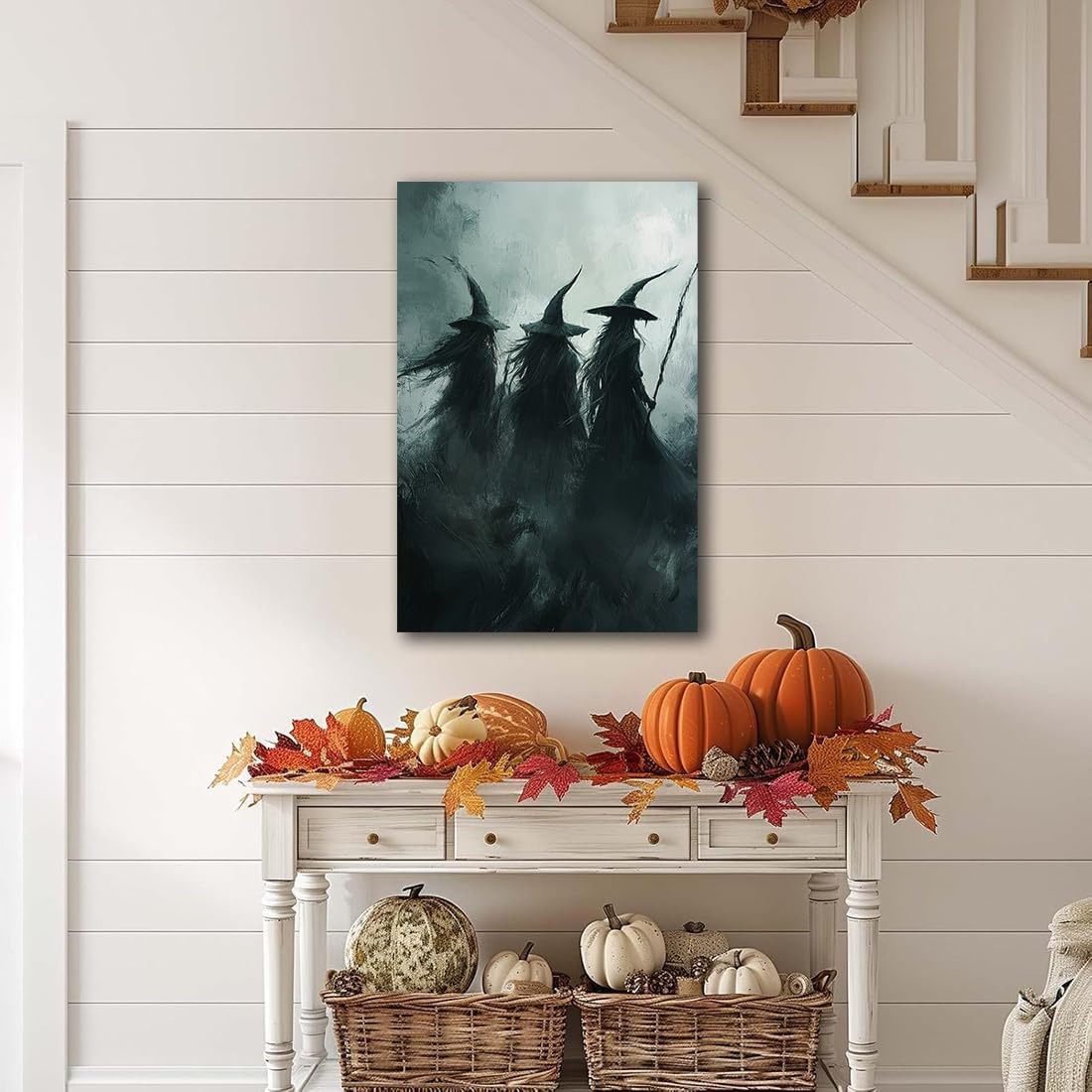 Gothic Witchs Horror Halloween Wall Art,Three Witches in Moody Forest Painting Wall Decor,Autumn Spooky Witches Forest Canvas Printing For Gallery Living Room Bedroom,8"x12" Framed