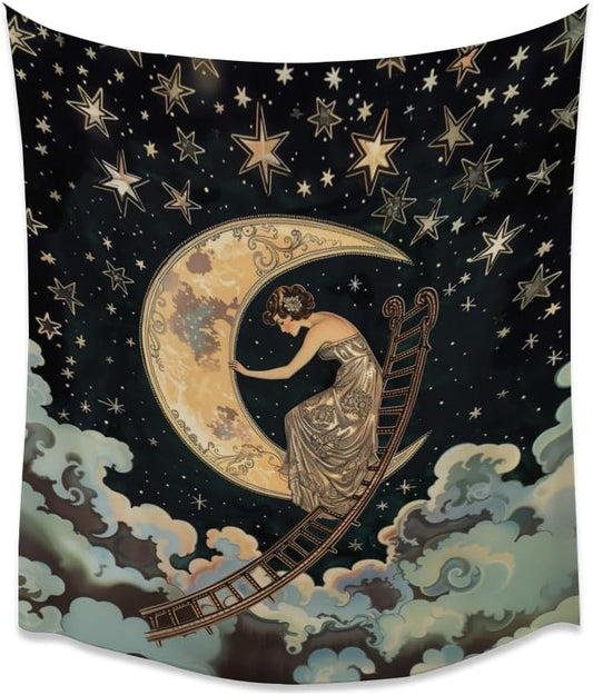 Dark Academia Gothic Aesthetic Tapestry ladder to The Moon and Stars Wall Hanging Print Trendy Vintage Art Nouveau Tapestries Decor for Home Bedroom Living Room 40x60inch