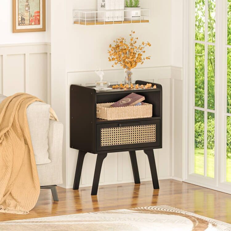 Lerliuo Rattan Nightstand, Bedside Table with Drawer Open Shelf, Cane Accent Side End Table with Solid Wood Legs, Black Mid Century Night Stand for Bedroom, Dorm and Small Spaces