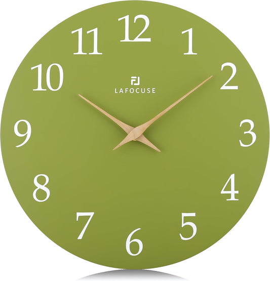 Lafocuse 12 Inch Silent Olive Green Wall Clock Battery Operated for Living Room Decor, Simple Minimalist Wooden Wall Clock for Kitchen Bedroom Office