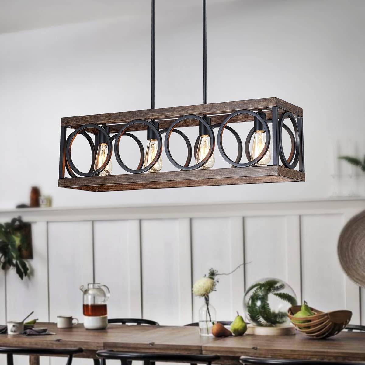 XINGQI Black Kitchen Island Light Fixtures, Farmhouse Dining Room Chandelier Rectangular Linear Chandeliers Pendant Ceiling Light Fixture for Bar Office Coffee Shop 4-Light Wood Grain