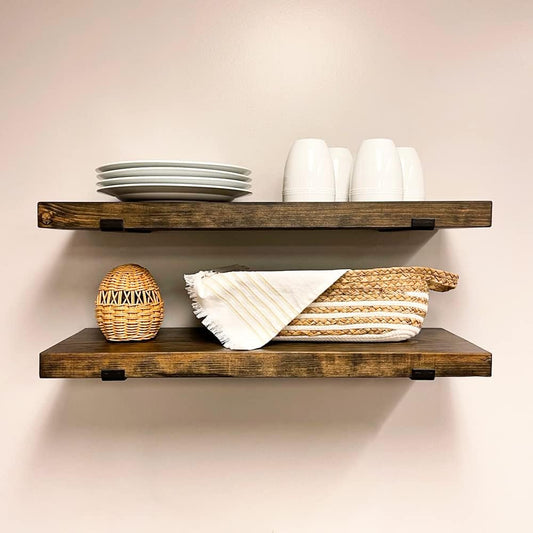Rustic Shelves with J-Brackets Set of 2, Industrial Shelf, Kitchen Shelves, Solid Wood, Decorative Wall Storage, Heavy Duty, URBANDI (Dark Brown, 48Wx10D)