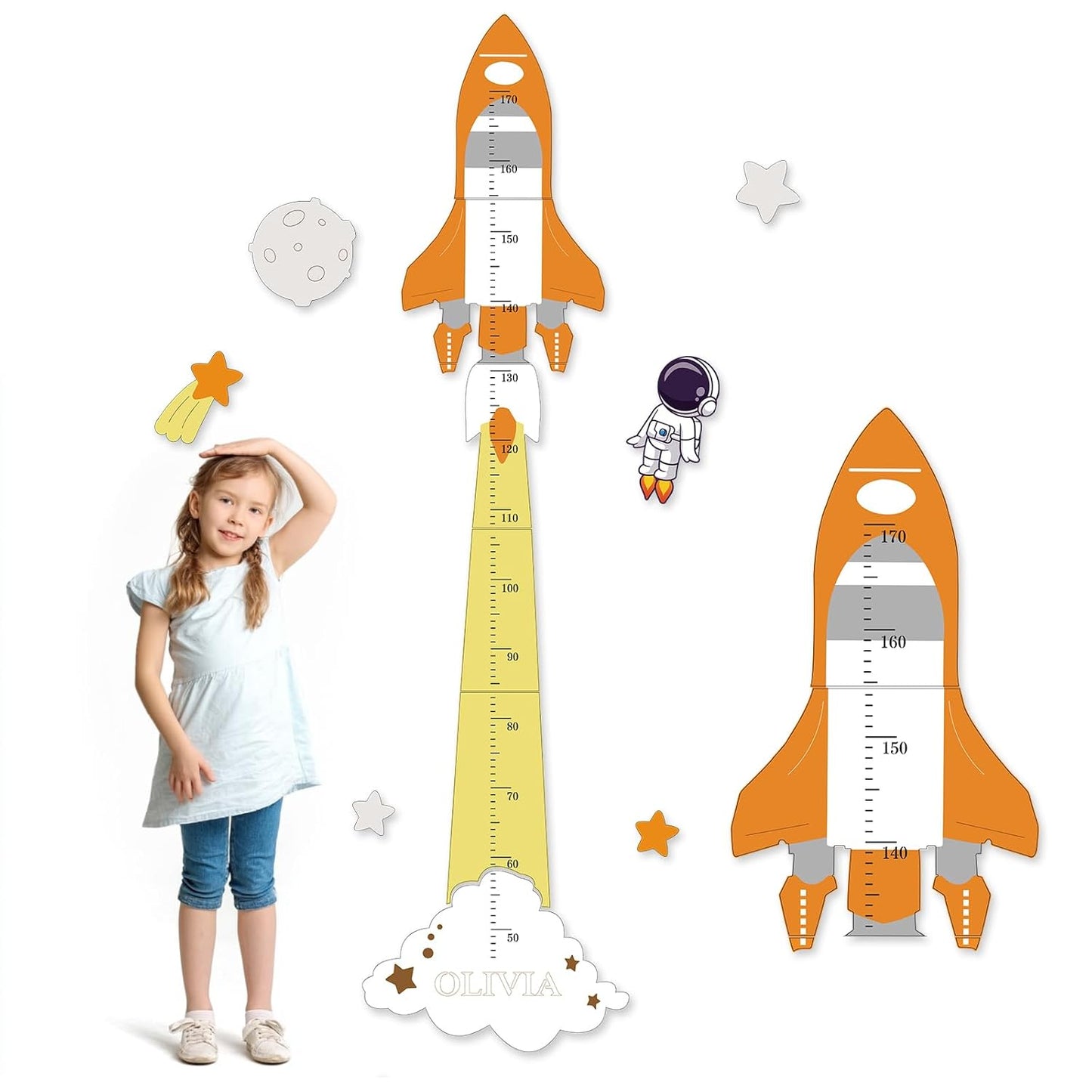 Personalized Name Height Chart for Kids, Cute Rocket Wooden Growth Chart for Kids, Wall Height Chart for Children, Cute Wall Ruler for Kids, Track Height Measurement, Easy to Install