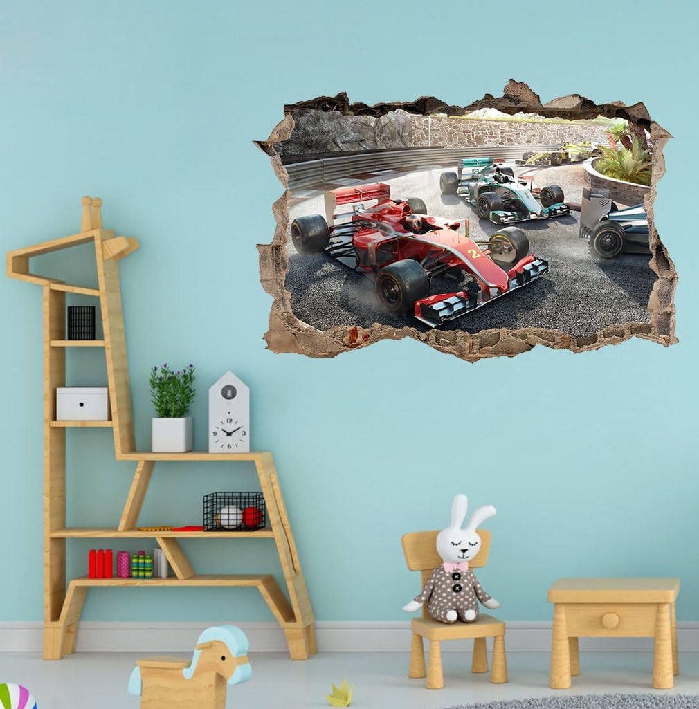 Large 3D Racing Car Wall Stickers (34.4”x 23”), Vehicles Roads Vinyl Wall Decals, Removable Racing Car Break Through Wall Art for Boys Bedroom Playroom Decor