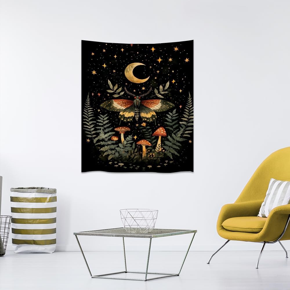 Mystical Moth Mushroom Tapestry Dark Academia Aesthetic Wall Hanging Decor Moon Star Witchy Print Butterfly Enchanted Forest Tapestries for Home Bedroom Living Room Office Decor 40x60inch