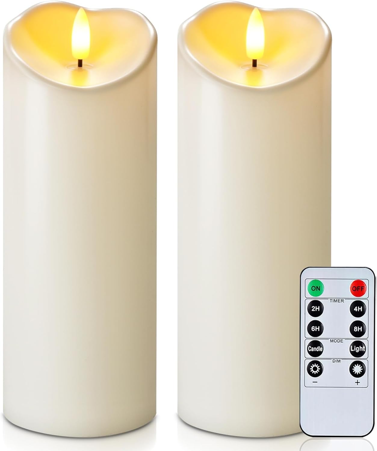 Homemory Outdoor Waterproof LED Candles, Battery Operated with Remote and Timers, Electric Fake Plastic Pillar Candles, Ivory White, Set of 2