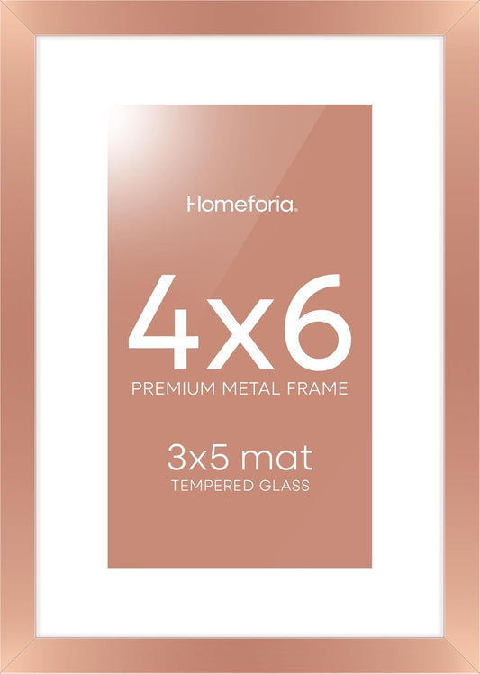 Homeforia Rose Gold 4x6 Picture Frame, High End Metal 4 x 6 Frames with Mat 3 x 5 for Print, 4by6 Desk Frame Matted to 3x5 inch Photo, 4 by 6 Wall or Tabletop Frame, Tempered Glass, Wall Kit, Set of 1