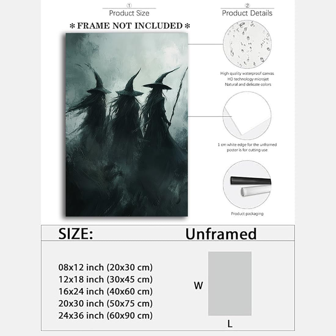 Gothic Witchs Horror Halloween Wall Art,Three Witches in Moody Forest Painting Wall Decor,Autumn Spooky Witches Forest Canvas Printing For Gallery Living Room Bedroom,16"x24" Unframed