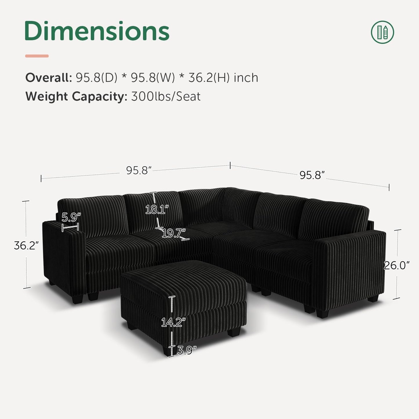 HONBAY Corduroy Modular Sectional Couch with Storage L-Shaped Sectional Couches for Living Room 6 Seater Modular Sectional Sofa, Black