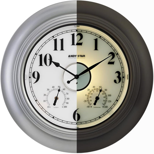 Andy Star 21 Inch Silver Illuminated Outdoor Wall Clock Waterproof with Thermometer and Hygrometer, Oversized Battery Operated Round Wall Clock, Big Silent Non Ticking Clock for Patio Pool Garden