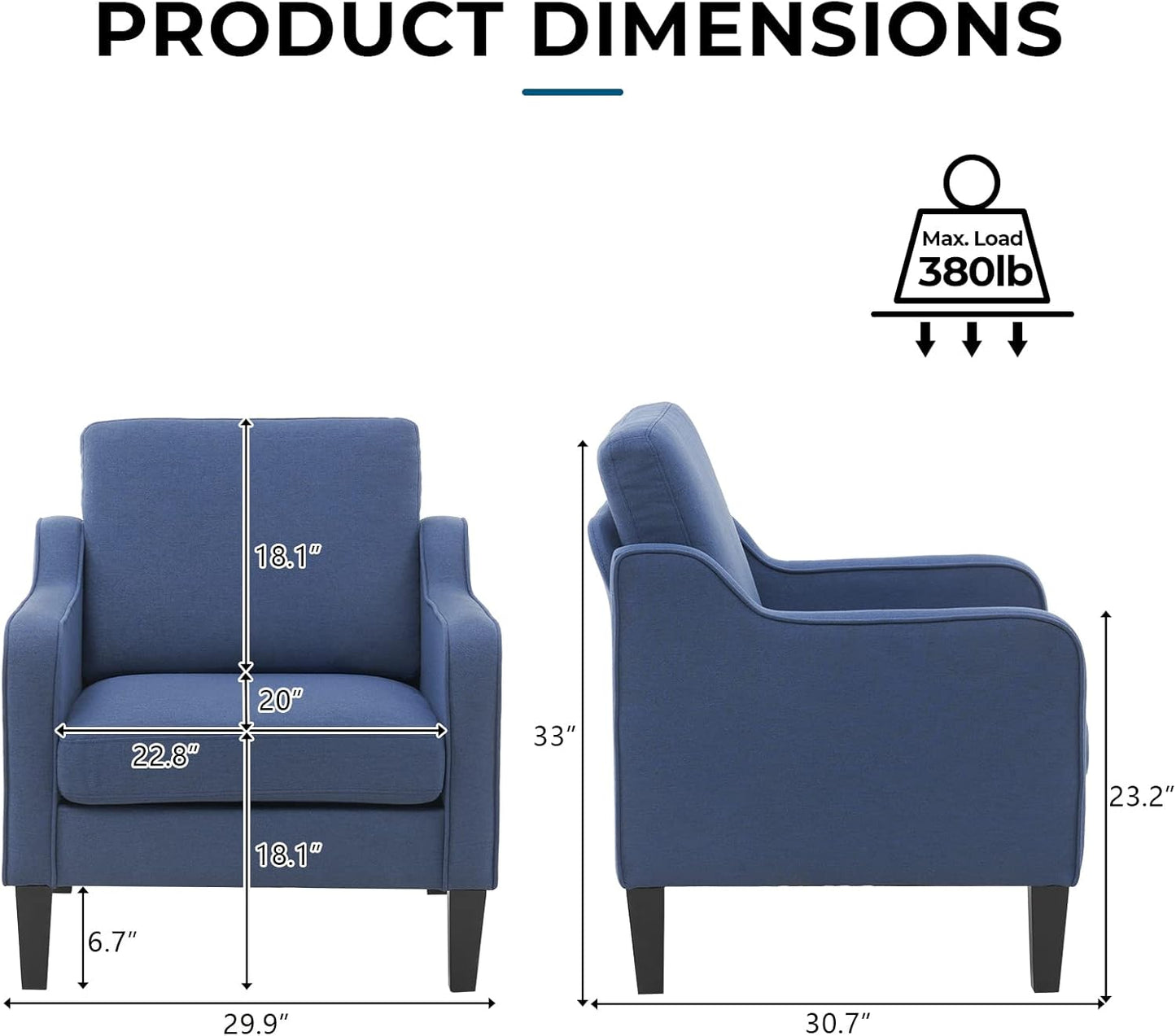 VINGLI Mid Century Modern Accent Chair, Navy Blue Fabric Accent Chairs for Living Room, Upholstered Armchair with Scooped Arms for Bedroom, Apartment, Studio, Office, Waiting Room