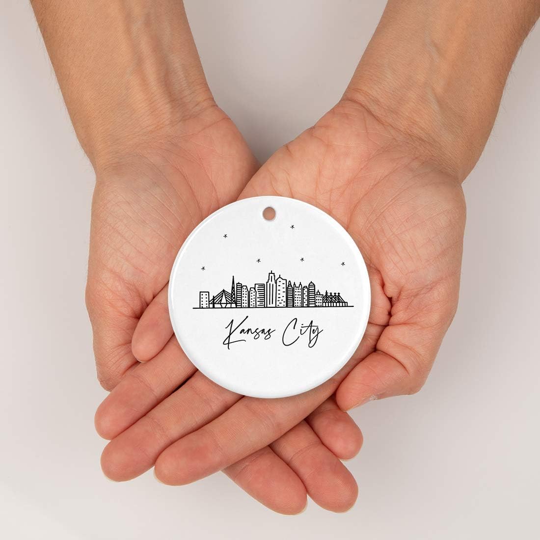 Andaz Press Round Ceramic Porcelain Christmas Tree Ornament, Kansas City Black and White Stars Skyline Graphic, 1-Pack, Birthday Family Coworker Gift, Includes Box