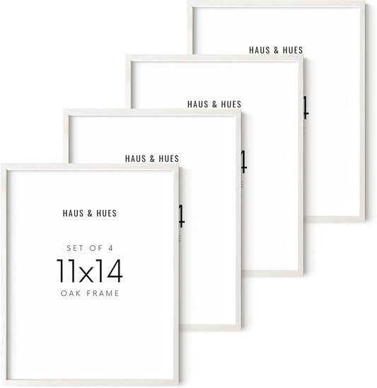 HAUS AND HUES 11x14 White Picture Frames Set of 4-11x14 White Frames Sets for Wall Collage, 11x14 Picture Frames and White Photo Frames, Wall Frame Set White and Wood Frames 11x14 (White Oak)