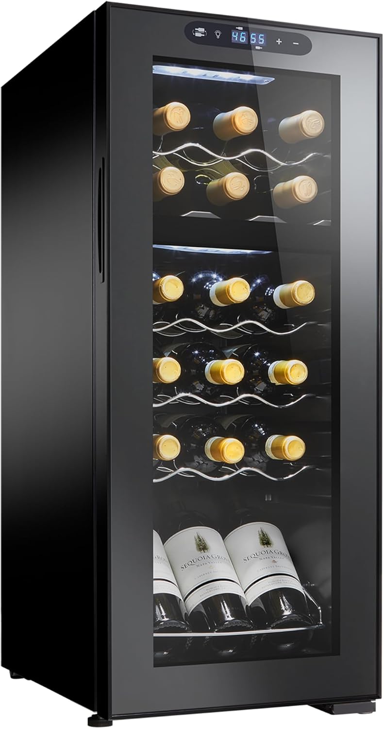 Wine Enthusiast 18-Bottle Dual Zone MAX Compressor Wine Cooler – Freestanding Beverage Refrigerator, Mini Fridge with Digital Touchscreen, Split Storage, Energy-Efficient Cooling, and LED Display