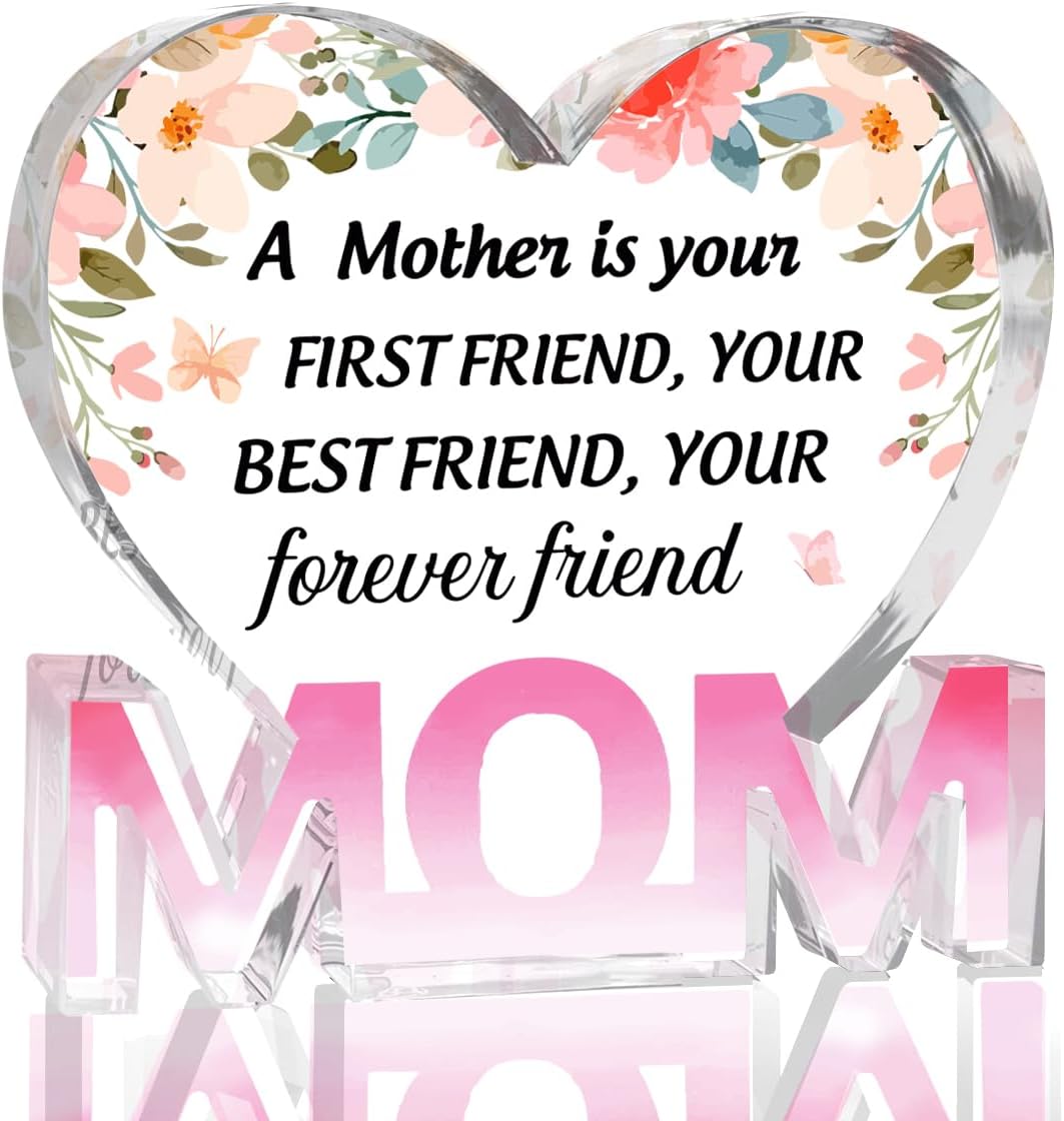 Mothers Day Gifts Best Mom Gifts -Gifts for Mom from Daughter Son - Best Mom Ever Gifts Unique Mother Birthday Acrylic Heart-Shaped Plaque Desk Decorations Present for Mom Christmas Anniversary