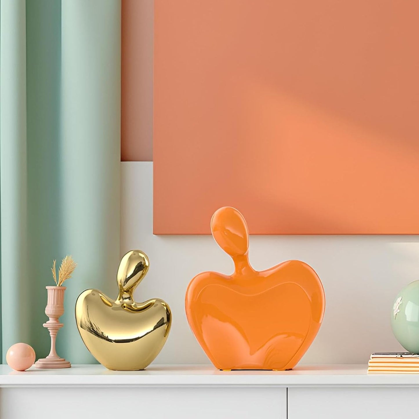 XMGZQ Orange and Gold Ceramic Couple Figurines Home Decor,Wedding Engagement Romantic Gift for Husband Wife,Large Male and Female Love Statue Valentine's Day Birthday,Abstract Hugging Couple