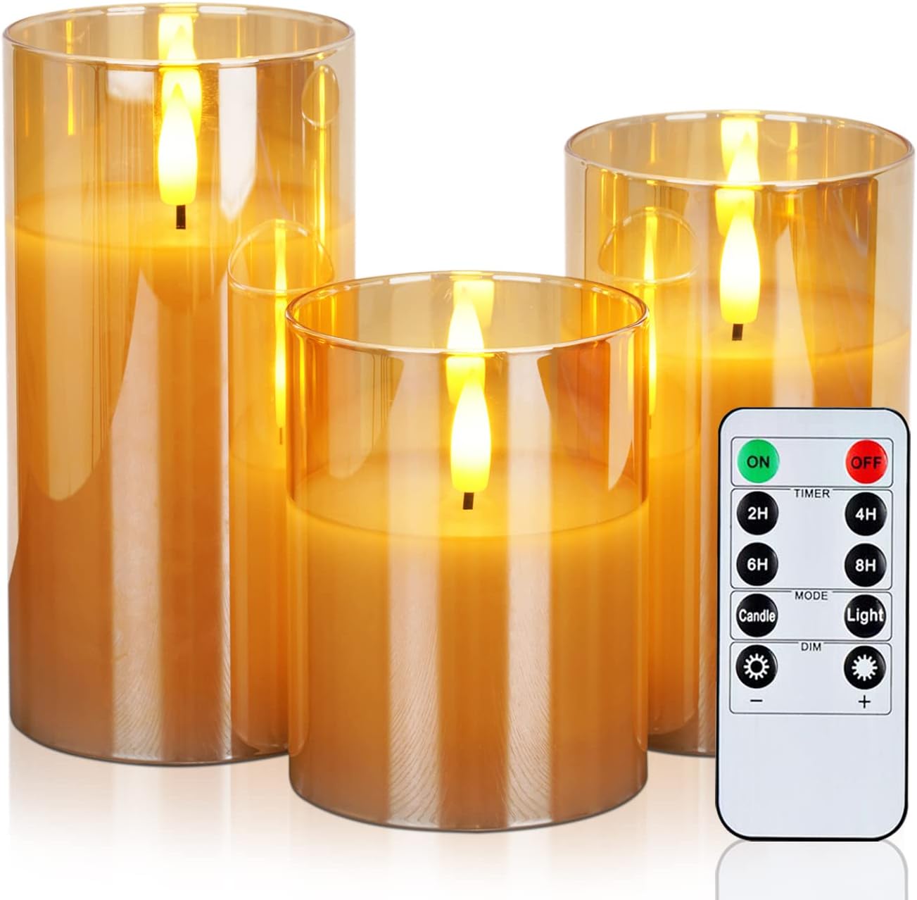 Amagic Gold Glass Flameless Candles Battery Operated with Timer, Remote Control, Flickering LED Fake Pillar Candles for Fall Decoration, Christmas Thanksgiving Decor, Amber, Set of 3