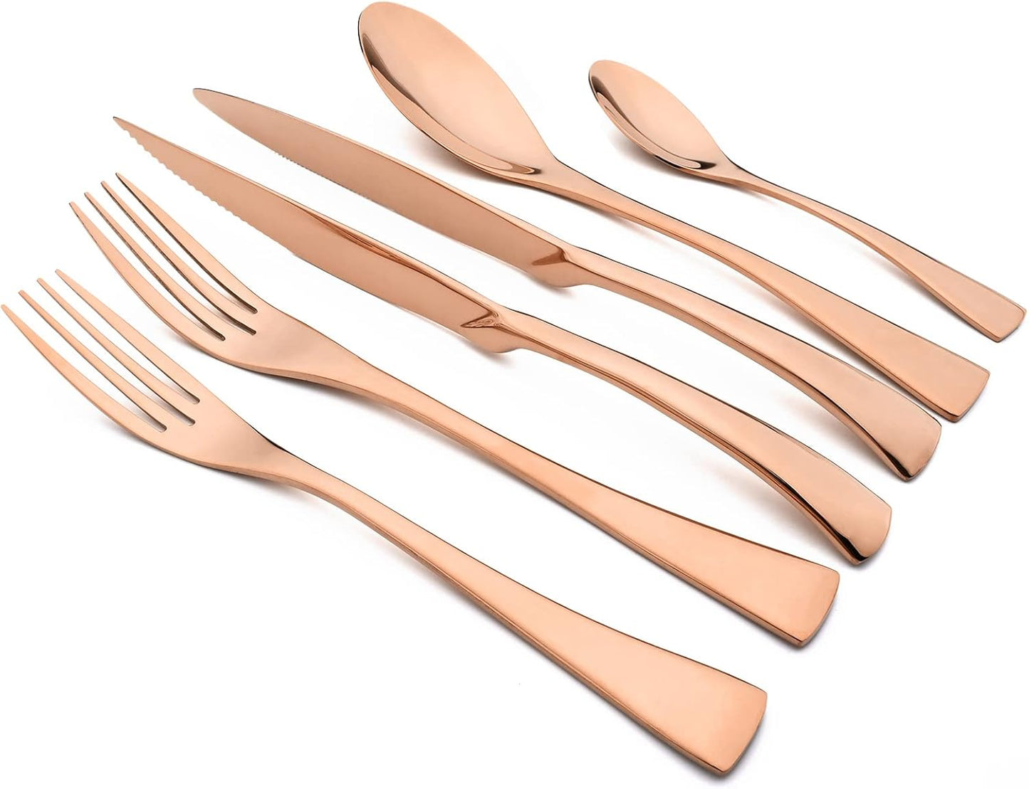 24-Piece Copper Flatware, Mirror 18/10 Stainless Steel Modern & Luxury Dinnerware Set With Serrated Steak Knife Teaspoon For Daily Use or Dinner Party Restaurant - Service For 4