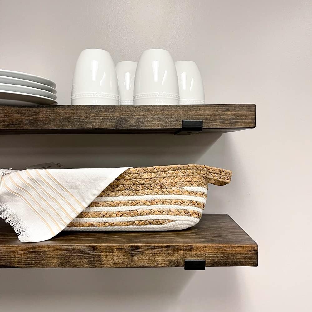Rustic Shelves with J-Brackets Set of 2, Industrial Shelf, Kitchen Shelves, Solid Wood, Decorative Wall Storage, Heavy Duty, URBANDI (Dark Brown, 24Wx12D)