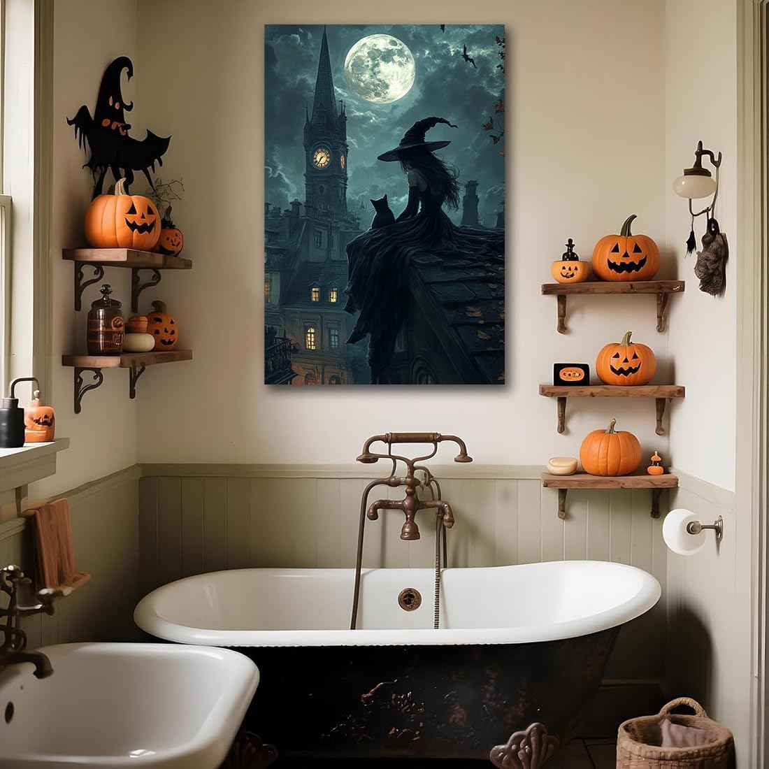 Halloween Witch Black Cat Wall Art,Magical Moon Witch on Roof with Black Cat at Night Scene Painting Haunting Dark Witches Canvas Print for Haunted House Party Decor Poster,16"x24" Framed