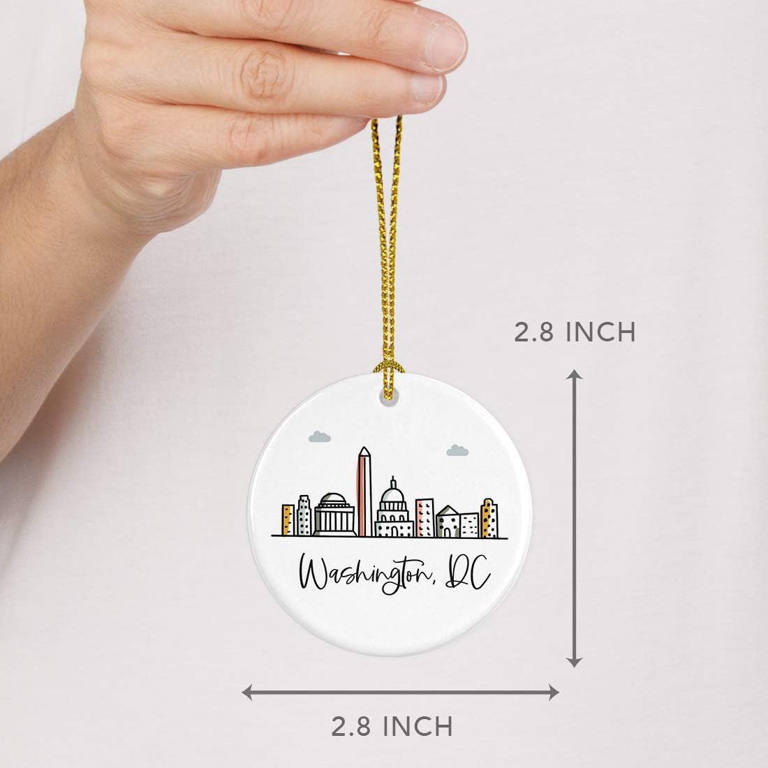 Andaz Press Round Ceramic Porcelain Christmas Tree Ornament Keepsake Gift, Washington, Dc, Colorful City Skyline Graphic, 1-Pack, Birthday Family Coworker Includes Gift Box Washington Dc Ornament 2024