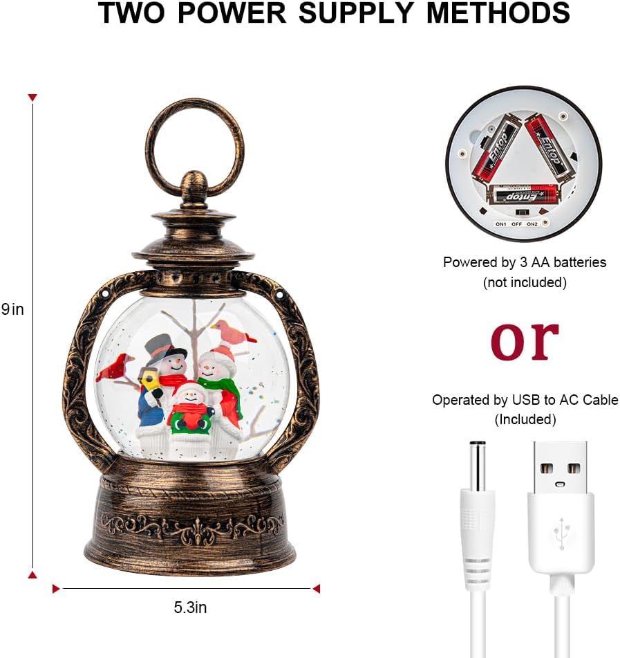 Christmas Snow Globe Lantern Water Glittering Snowman with Music, USB Lined/Battery Operated Lighted Lantern for Christmas Festival Decoration Gifts