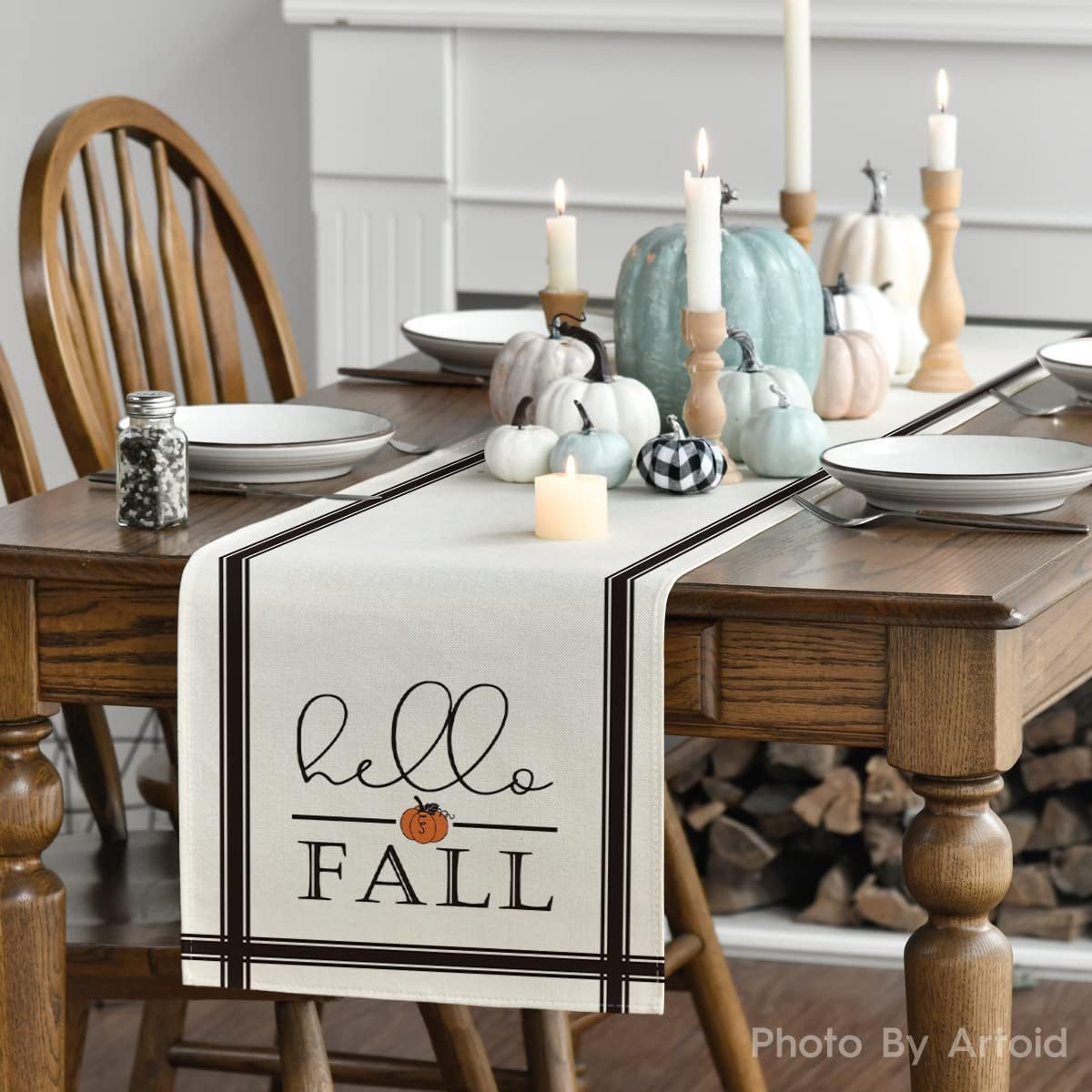 Artoid Mode Hello Fall Stripes Pumpkin Autumn Table Runner, Seasonal Fall Kitchen Dining Table Decoration for Home Party Decor 13x120 Inch