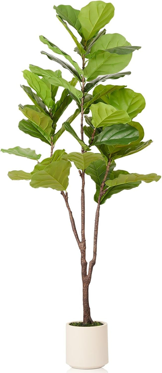 Artificial Fiddle Leaf Fig Tree, 6FT Faux Ficus Lyrata Plant with Realistic Leaves, Lifelike Home Decor Faux Tree in Stylish Pot for Indoor, Office, Living Room Decor (6ft)
