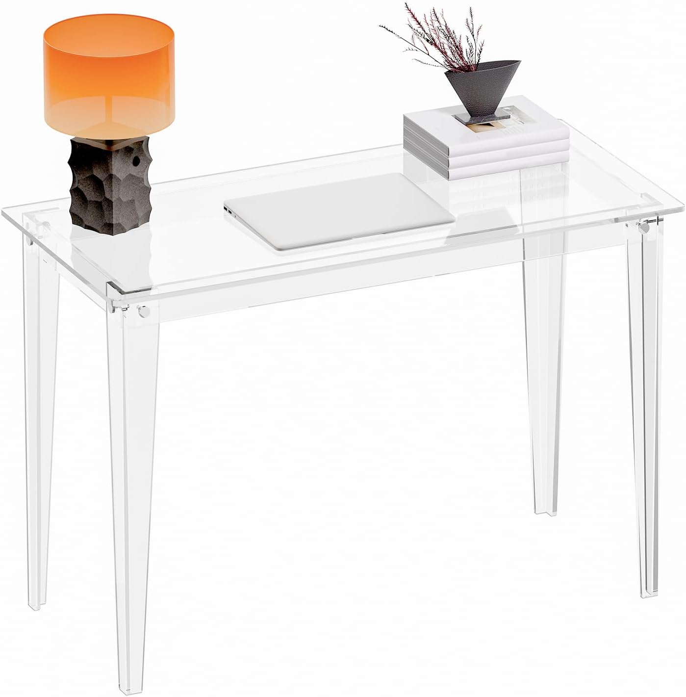 HMYHUM Acrylic Computer Desk, 43.3 Inch, Clear Study Desk for Home Office, Writing, Vanity, Modern, Easy Assembly, 19.7" W x 29.5" H, Right-Angle Legs Design