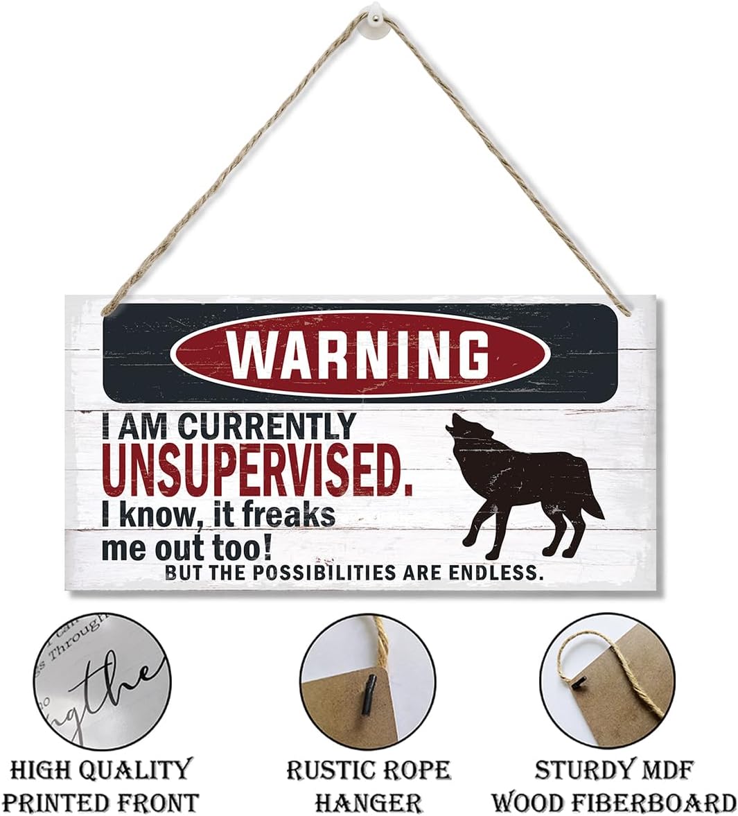 Warning Sign, Unsupervised Warning Wood Plaque Sign, Funny Door Signs, Decorative Wood Hanging Suspension Plaque, Farmhouse Wooden Wall Decor, Outdoor Hanging Wooden Signs