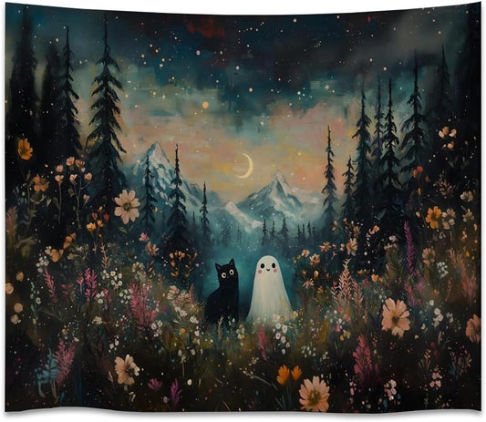 Whimsical Halloween Tapestry Wall Hanging Ghost and Black Cat in Magical Forest Wildflowers Meadow Tapestry Art Print Charming Spooky Fall Season Tapestries for Living Room Bedroom Decor 30x40inch