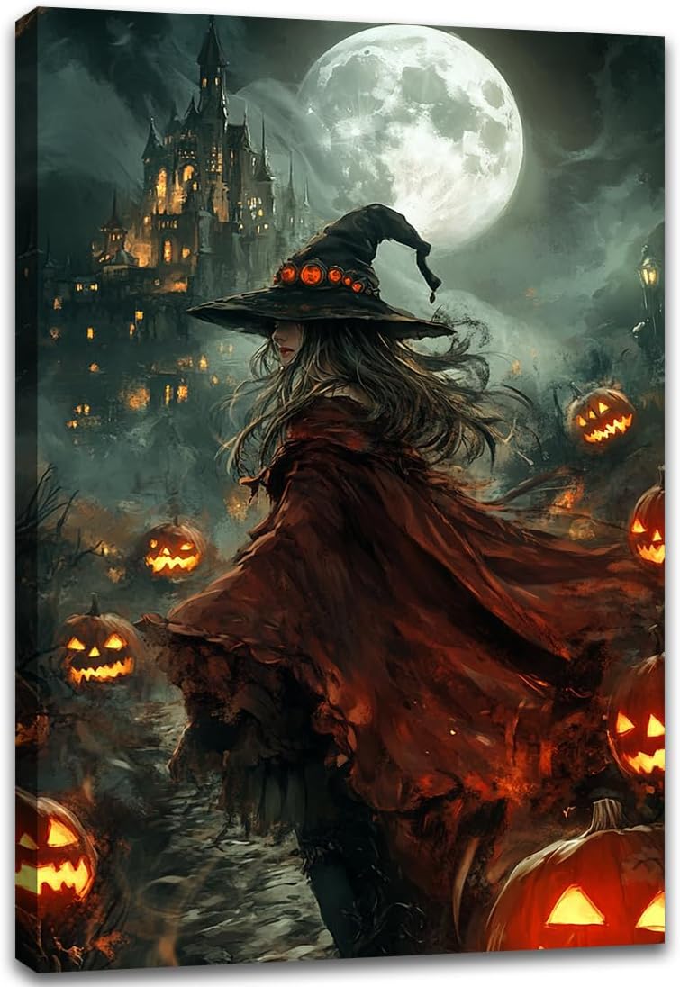 Dark and Moody Gothic Witch Poster Wall Art,Vintage Rustic Witch in Cloak with Castle Pumpkin Road Dark Gothic Poster,Goth Spooky Season Halloween Prints for Fantasy Office,12"x18" Framed