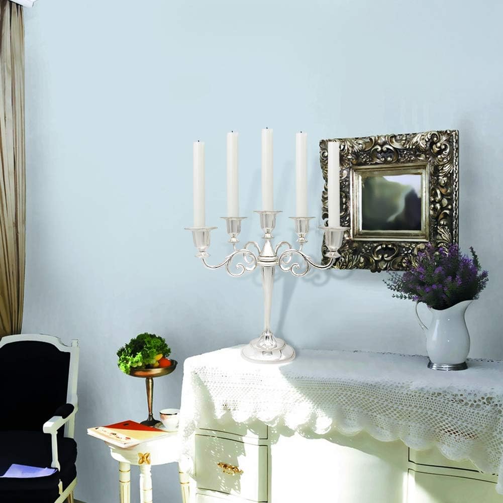 Metal Candelabra 5-Candle 10.1 Inch Tall Candle Holder Stick for Home Wedding Event and Party Festival,Silver