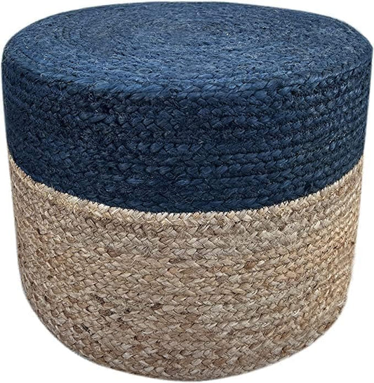 Jute Pouf Ottoman | Footrest Pouf | Hand Braided - Round Boho Pouffe - for Living Room, Bedroom, Nursery (20"x20"x10") Navy