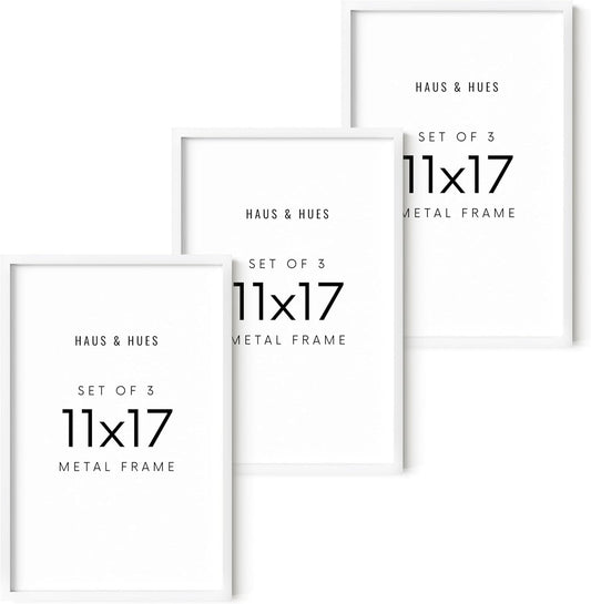 HAUS AND HUES 11x17 White Metal Picture Frames - Features Premium Aluminum, Vertical & Horizontal Hang, Shatterproof Plexiglass - Perfect for Home, Room, Office (11x17 in, White, Set of 3)